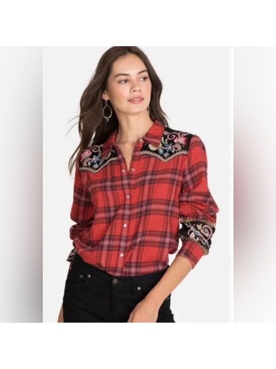 Johnny Was Tops - Johnny Was Esme Embroidered Western Pearlsnap Shirt Red Plaid Rodeo Women's XXS